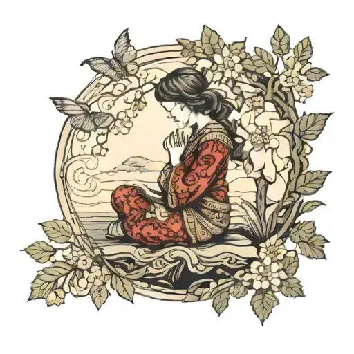 A Serene Scene Of A Woman Praying Under A Tree With Intricate Floral Patterns