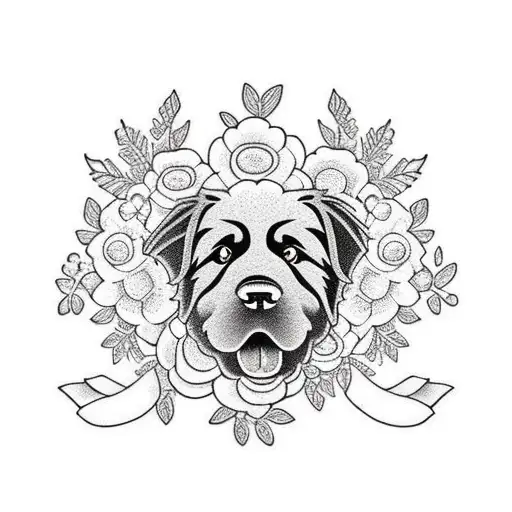 Newfoundland Dog Simple Side Body Profile Surrounded By Flowers And Lace