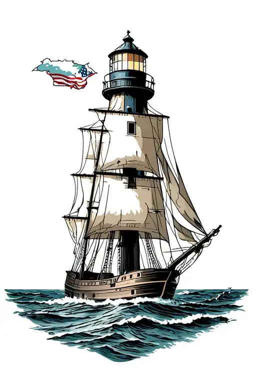 Lighthouse With North Carolina Coastal Map And Tall Sailing Ship