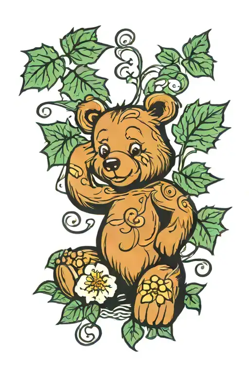 Cartoon Bear With Flowers & Ivy Vines