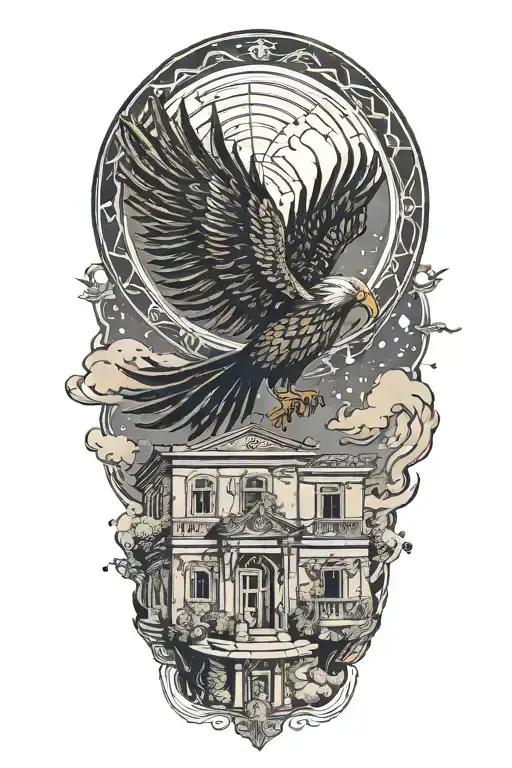 Phenix Rebirth Flying Out Of A Lebanese Traditional House Under The Moon