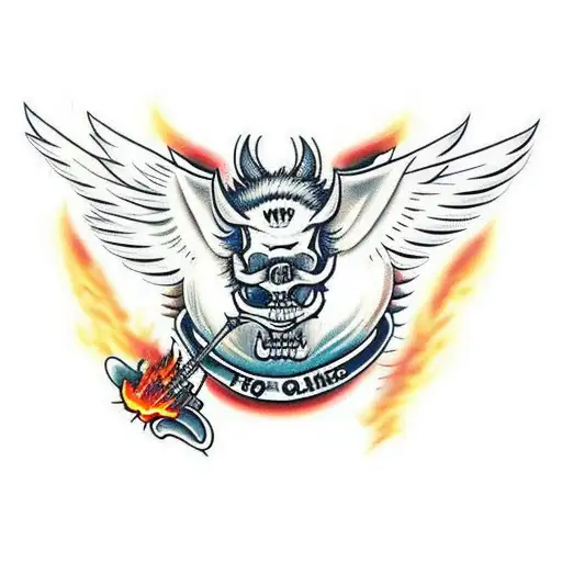 Hog Skeleton With Tusk Standing Up With Wings And Flames Surrounding