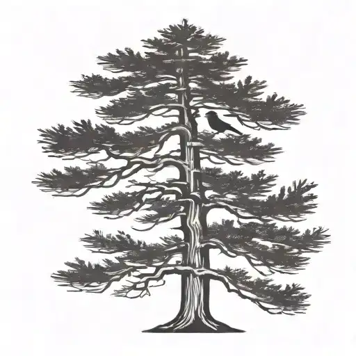 Cedar Tree Silhouette With A Bird Flying Around It