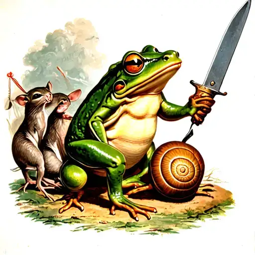 Frog Fighting A Snail With Knife Surrounded By Crowd Of Rats Chanting