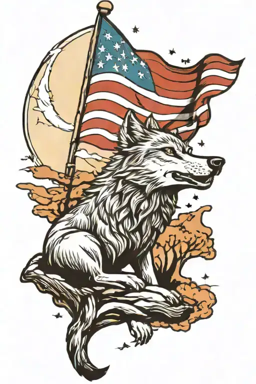 Wolf Howling At Half Moon With An American Flag Waving On A Hill