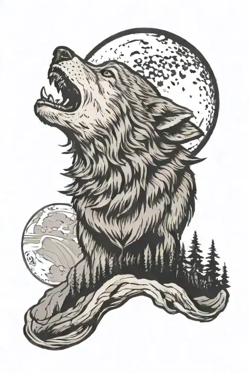 Wolf Howling At Half Moon With An American Flag Waving On A Hill