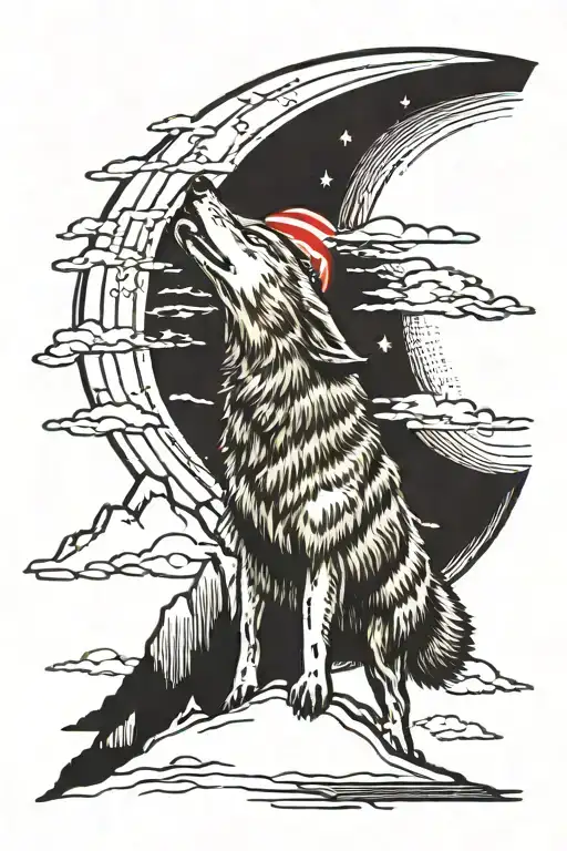 Wolf Howling At Half Moon With An American Flag Waving On A Hill