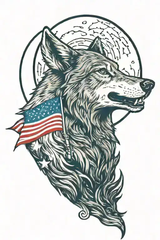 Wolf Howling At Half Moon With An American Flag Waving On A Hill