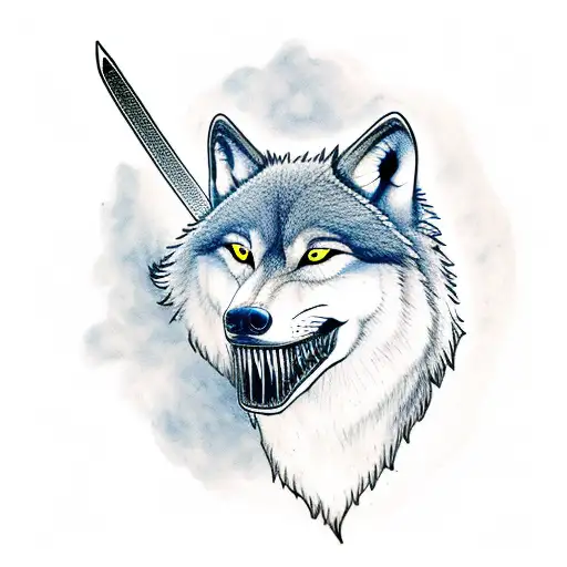 A Majestic Wolf Holding A Sword In Its Mouth