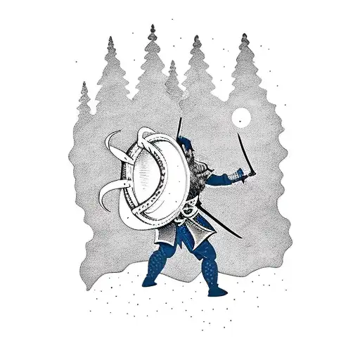 A Silhouette Of A Viking Warrior Hiking Up A Mountain With The Northern Lights Overhead