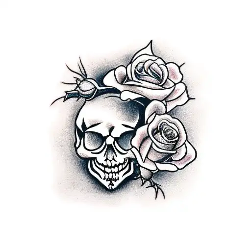 Open Skull With Wilting Rose In Its Mouth And Thorns