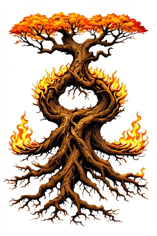 Yggdrasil Tree With Big Beautiful Branches And Interwoven Roots On Fire