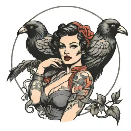 Pinup Girl Holding A Raven