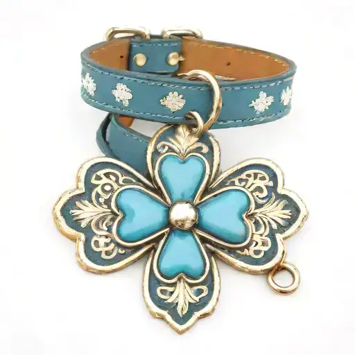 Leather Blue Dog Collar With Paw Prints And A Knitwear Four Leaf Clover Charm