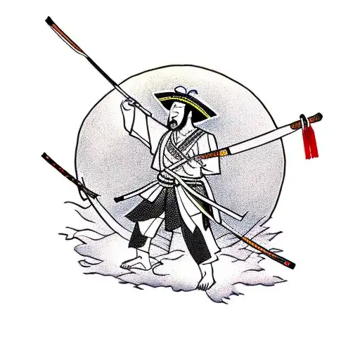 Samurai With Straw Hat And Bow And Arrow Weapon Next To Cherry Blossom And Lake