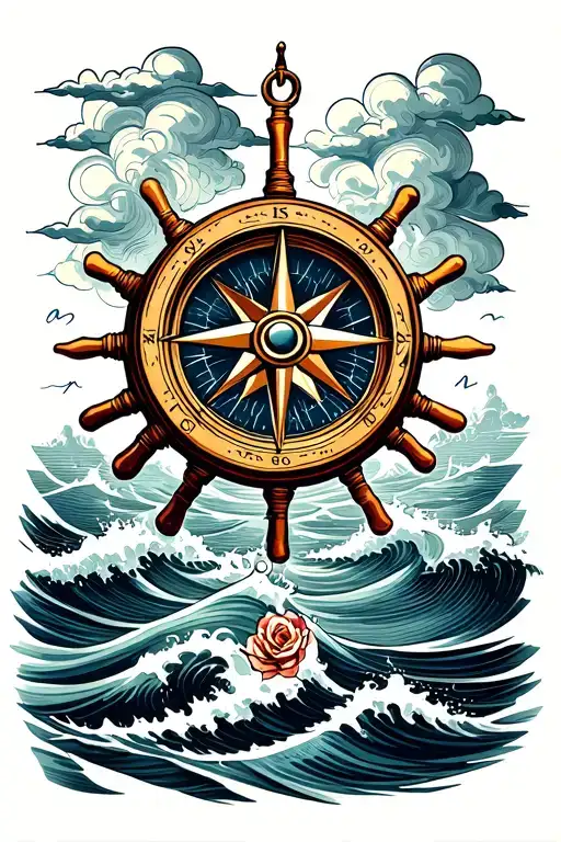 Compass Ship Wheel Rose Intertwined Waves Clouds Floating