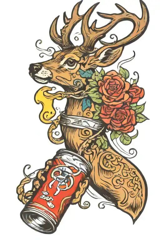 Deer Drinking A Can Of Energy Drink Tattoo Design In Color