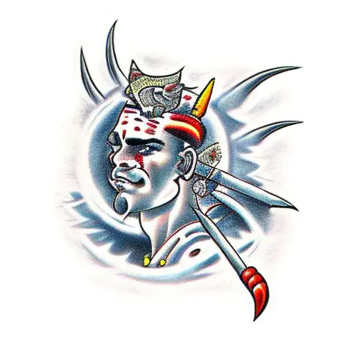 A Powerful Warrior Holding A Bag Of Money With Flames In The Background