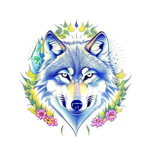 Wolf With Paws And Tail Surrounded By Flowers And Leaves