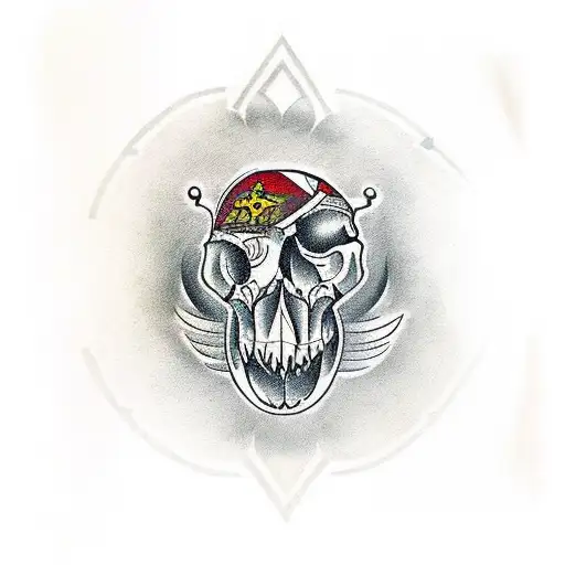 A Traditional Tattoo Design Of An Atrociraptor Skull Surrounded By Greek Symbols