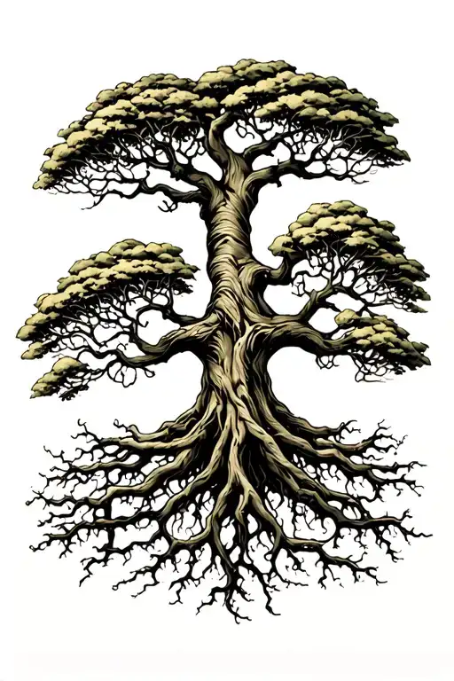 Yggdrasil Tree With Big Beautiful Branches And Interwoven Roots