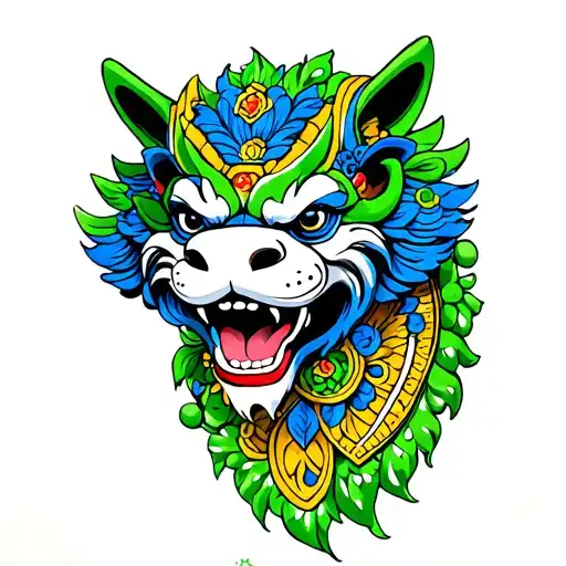 Green And Blue Foo Dog Head Dress