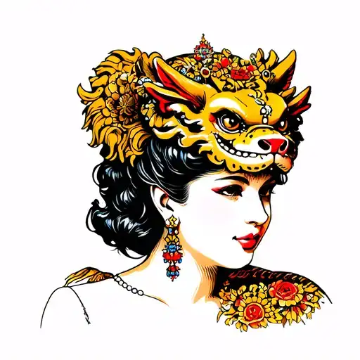 Woman Wearing Foo Dog On Head