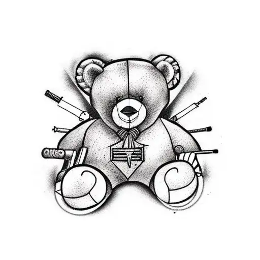 Teddy Bear With A Ripped Shoulder That He Tries To Repair With A Metal Plate And A Nail Rifle