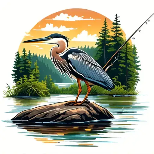 Heron Standing On A Rock In A Stream Fishing