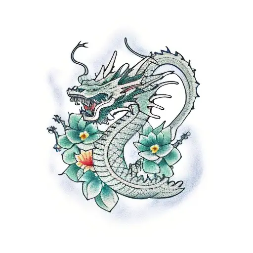 Roaring Dragon Full Body With Flowers