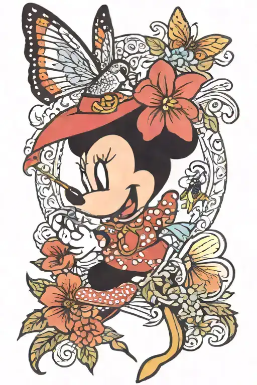 Minnie Mouse With Sks Tattoo Holding A Humming Bird