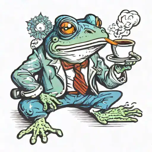 Frog Wearing Blue Shorts Smoking A Pipe And Drinking Coffee