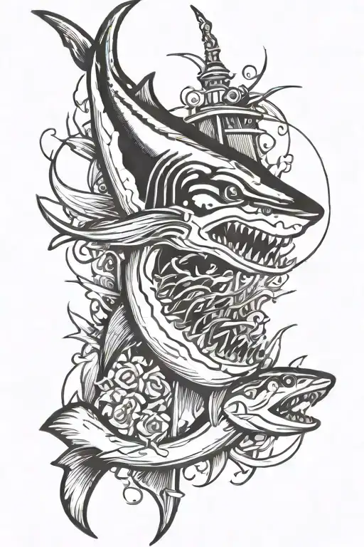 Curved Shark Biting A Harpoon In Half Black And White