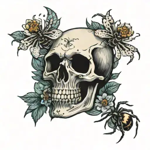 Skull With Flowers And Spiders Crawling