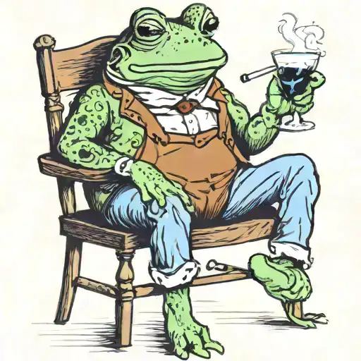 A Frog Sitting On A Stool Wearing Blue Shorts Smoking A Pipe And Drinking Coffee