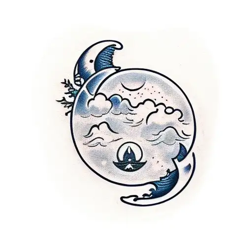 A Traditional Style Tattoo Of A Sleeping Moon Playing A Guitar