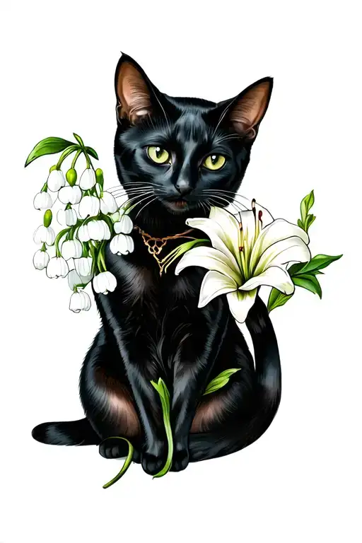 Black Female Cat Holding Lily Of The Valley Flower
