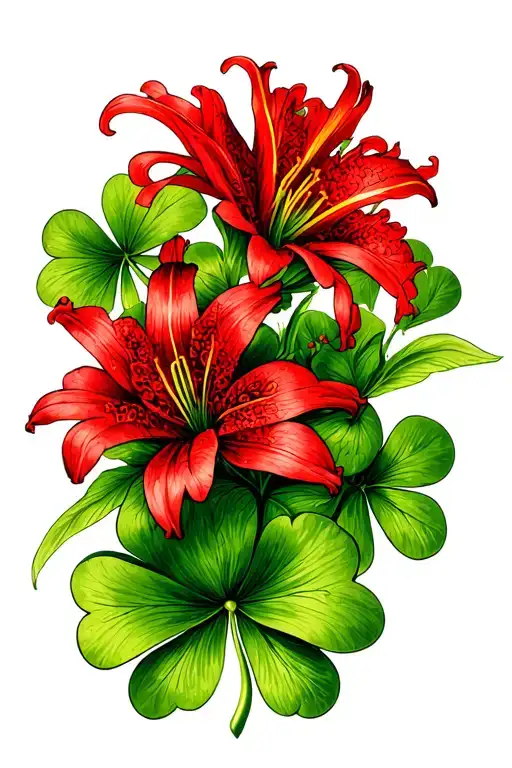Green Clovers And Red Spider Lilies