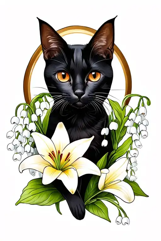 Black Female Cat With Brown Eyes Holding Lily Of The Valley Flower