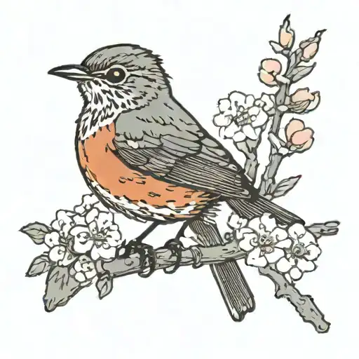 Robin Sitting On A Cherry Blossom Tree Branch