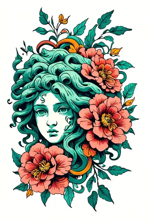 American Traditional Medusa Head With Traditional Flowers Intertwined