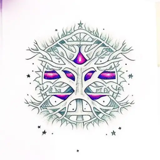 A Demonic Tree Of Life With Guitar Roots And Alien Branches Against A Starry Sky