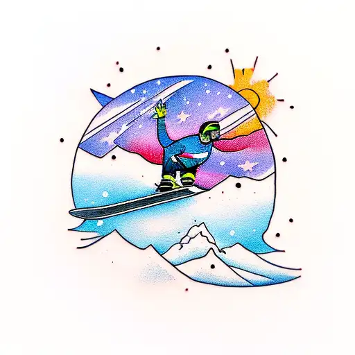 A Snowboarder Jumping Over A Mountain Peak With A Vibrant Sunset Sky
