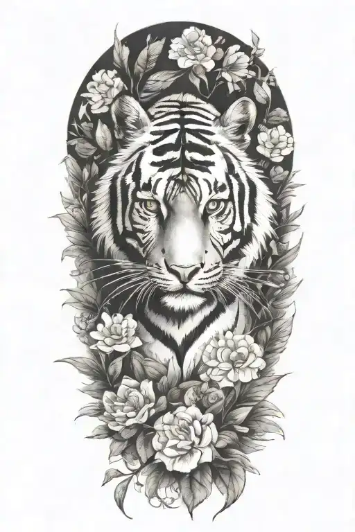 Tiger In The Rainforest With Flowers All Around