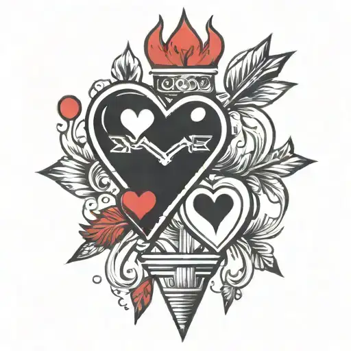 Flaming Straight Arrow Piercing 3 Red Hearts Stacked On Top Of One Another