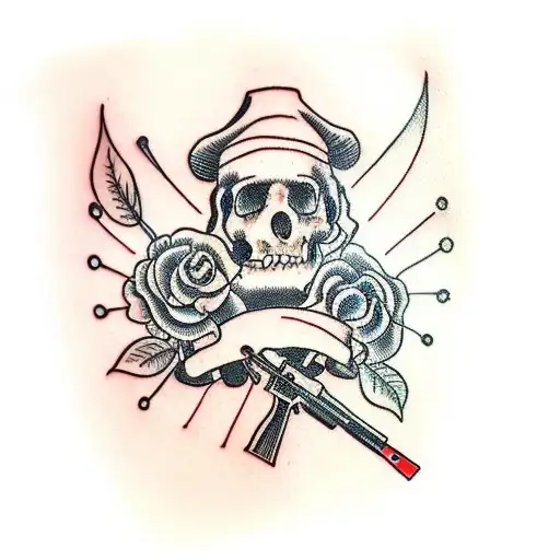 Traditional Style Gun Surrounded By Vibrant Red And Black Flowers