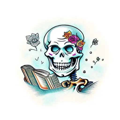 A Skeleton Laughing While Holding A Book And Surrounded By Flowers