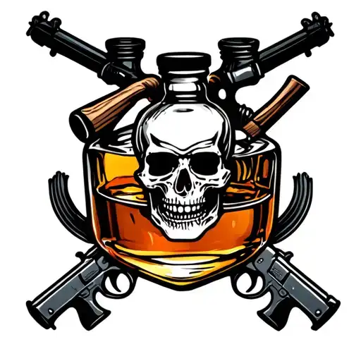 Skull Bottle Of Whisky And Guns