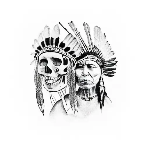 Native American Woman And A Skull Of A Native American Woman Facing Each Mothers In Black And White