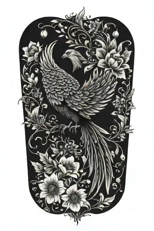 Black And White Phoenix With Wings Above Head Emerging From Flowers